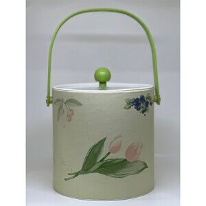 VTG Floral White Green Pink Plastic Ice Bucket With Handle Lid 7.5 Inch Height
